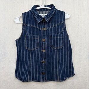 Stylenanda Womens Denim Vest Dark Wash Pinstripe Button Front Sleeveless Top F
